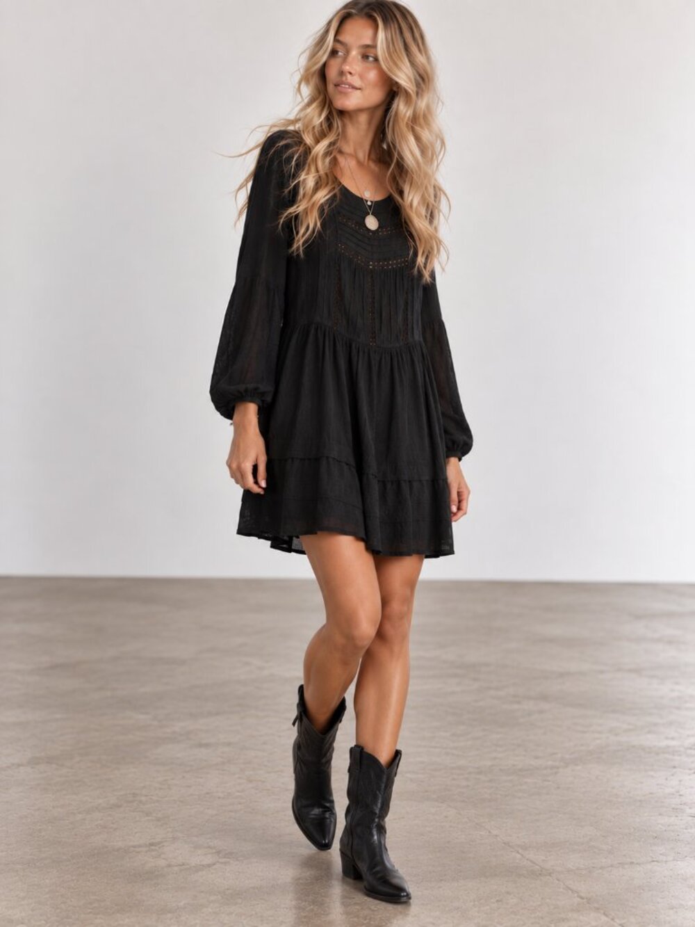 ANN TAYLOR Black Pintuck Crochet Lace Insert Dress Long Sleeve Babydoll 4 EUC